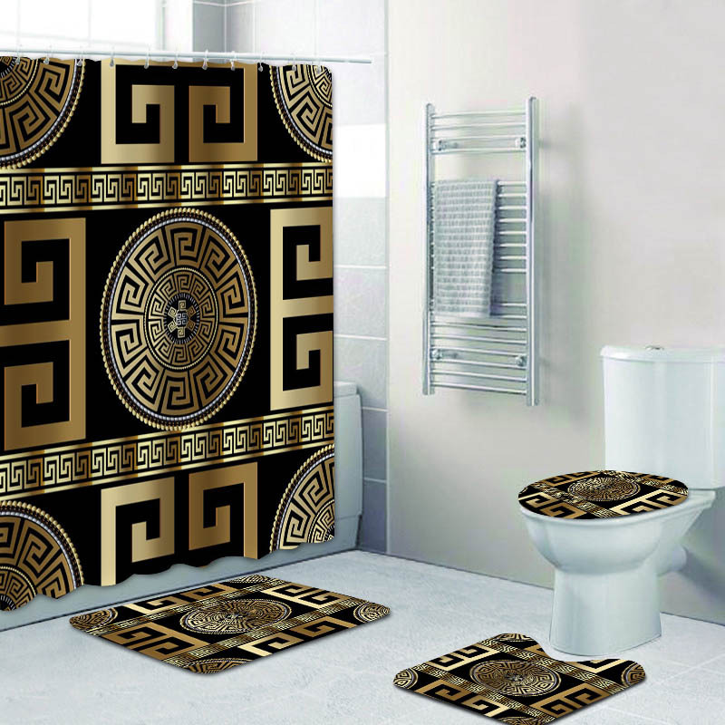 3D Luxury Black Gold Greek Key Meander Bathroom Curtains Shower Curtain Set for Bathroom Modern Geometric Ornate Bath Rug Decor