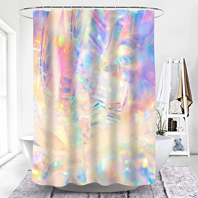 Printed Iridescent Waffle Shower Curtain,  Gradient Pastel Iridescent Rainbow Home Bathroom Decor/