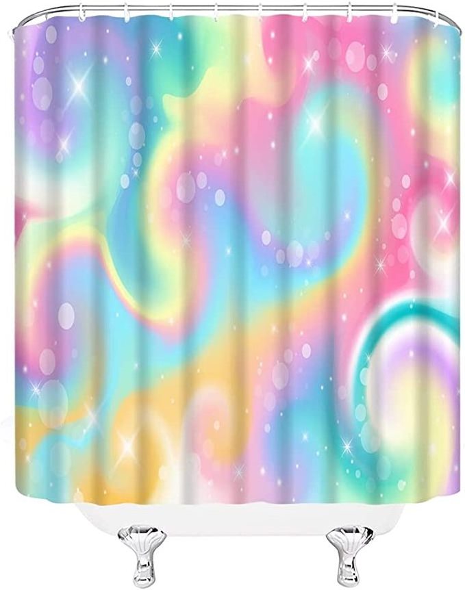 Printed Iridescent Waffle Shower Curtain,  Gradient Pastel Iridescent Rainbow Home Bathroom Decor/