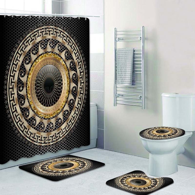 3D Luxury Black Gold Greek Key Meander Bathroom Curtains Shower Curtain Set for Bathroom Modern Geometric Ornate Bath Rug Decor