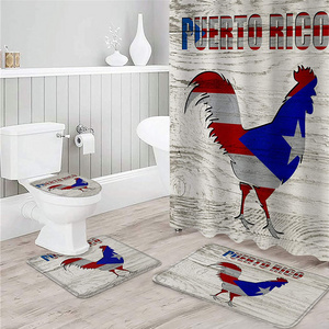 4 Piece Shower Curtain Sets, Puerto Rico Flag Style Rooster on Wood Plank Background Include Non-Slip Rug/