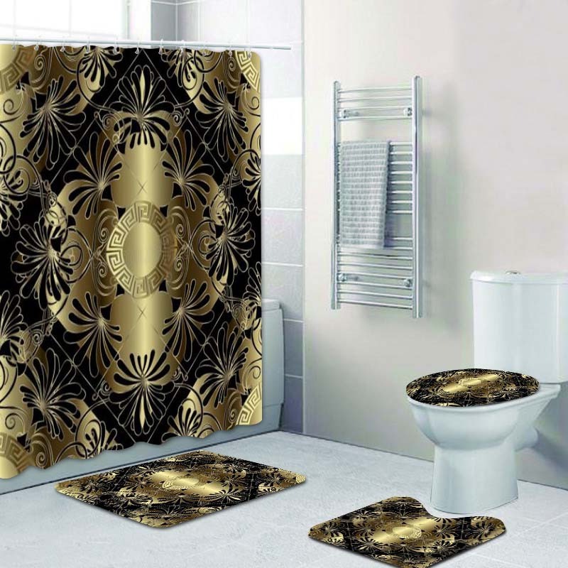 3D Luxury Black Gold Greek Key Meander Bathroom Curtains Shower Curtain Set for Bathroom Modern Geometric Ornate Bath Rug Decor