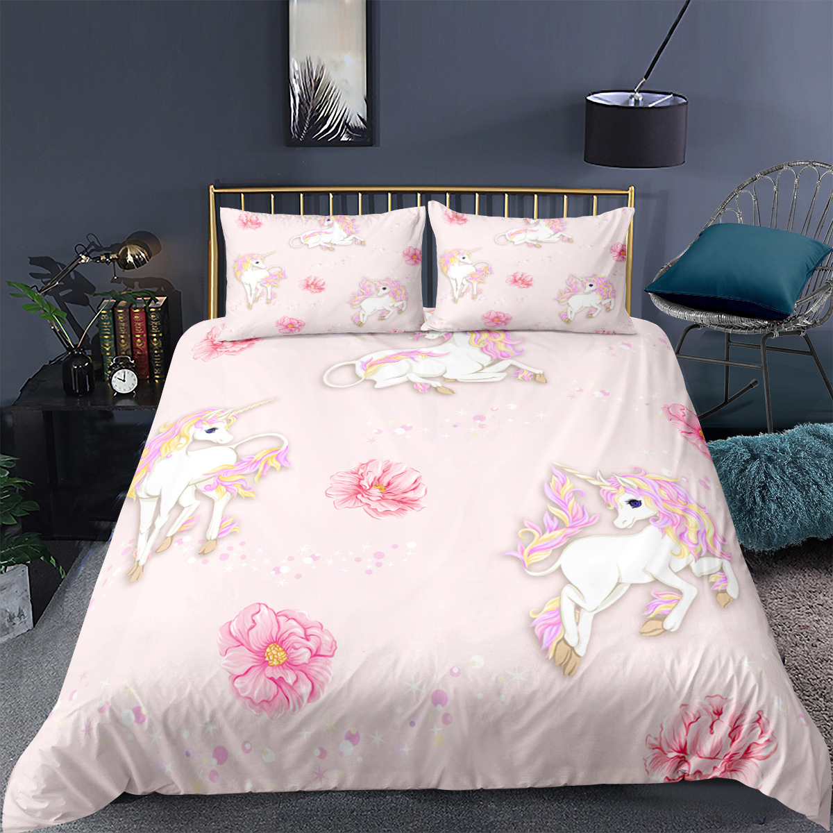 Fancy Flat Screen Unicorn Printing Bedding Set,Duvet Cover Set For Kids