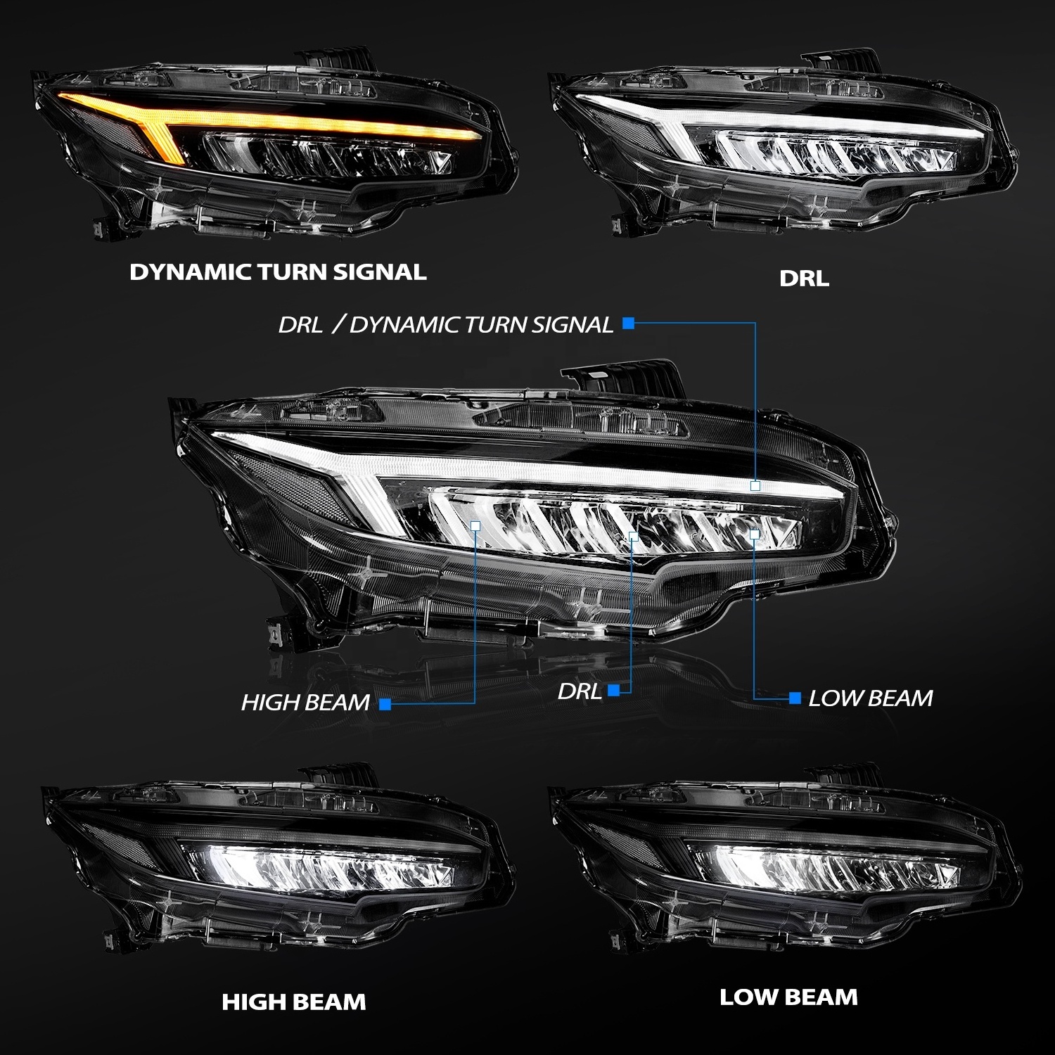 Archaic CIVIC Headlight for 10th Gen Honda Civic 2016 to 2021 2020 Civic Headlights Headlamp FK7 FK8 Head Light Lights