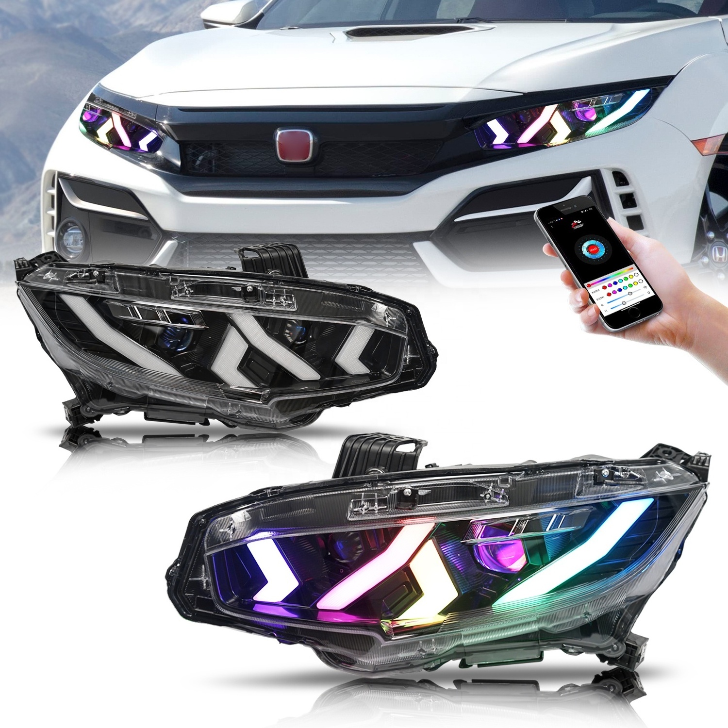 Archaic RGB Headlights for Honda Civic Sedan Hatchback with Sequential Turn Signal CIVIC LED Headlight Head Light 10th 2016-2020