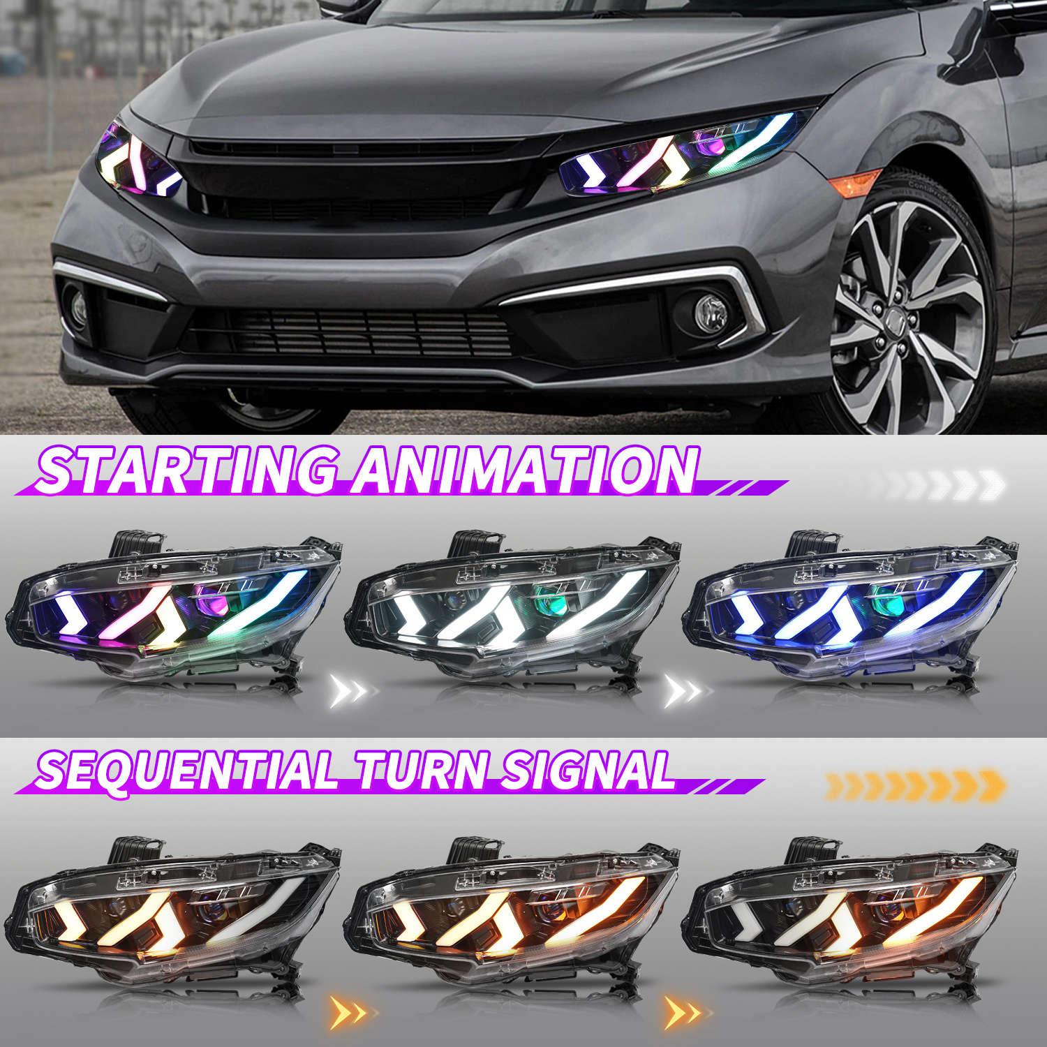 Archaic Civic 10th Gen Front Lamp RGB Lamborghini Design Sedan Hatchback Sequential Demon Eye Headlights for Honda Civic 16-20