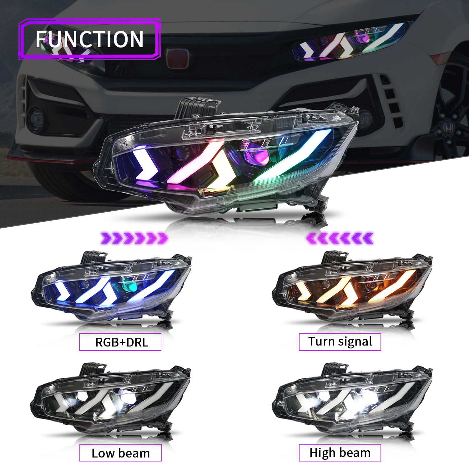 Archaic Civic 10th Gen Front Lamp RGB Lamborghini Design Sedan Hatchback Sequential Demon Eye Headlights for Honda Civic 16-20