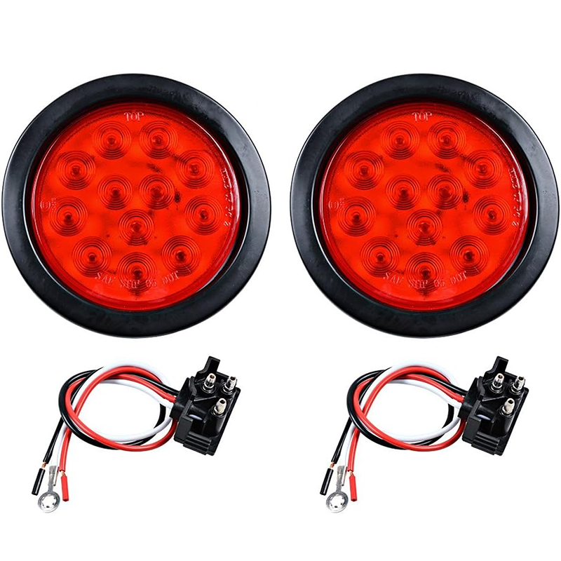 4 Inch Round 12 LED Tail Lights Stop Turn Tail Back-up Reverse Fog Lights w/Grommet 3-Prong Wire Pigtails for Truck Trailer RV