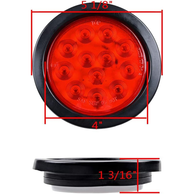 4 Inch Round 12 LED Tail Lights Stop Turn Tail Back-up Reverse Fog Lights w/Grommet 3-Prong Wire Pigtails for Truck Trailer RV