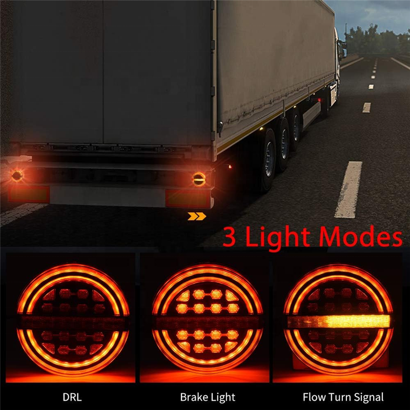 5.3 inches Round Red/Amber LED IP67 Waterproof 10-30V Submersible Trailer Tail Lights with Brake Light/DRL/Flow Turn Signal Lamp