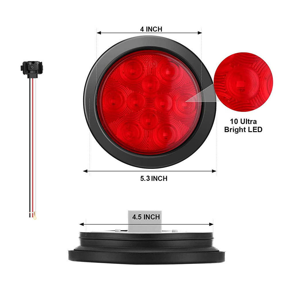 4 Inch Round 10 LED Trailer Tail Lights Waterproof 12V Brake Stop Turn Reverse Lights Sealed Flush Mount for Truck RV Boat