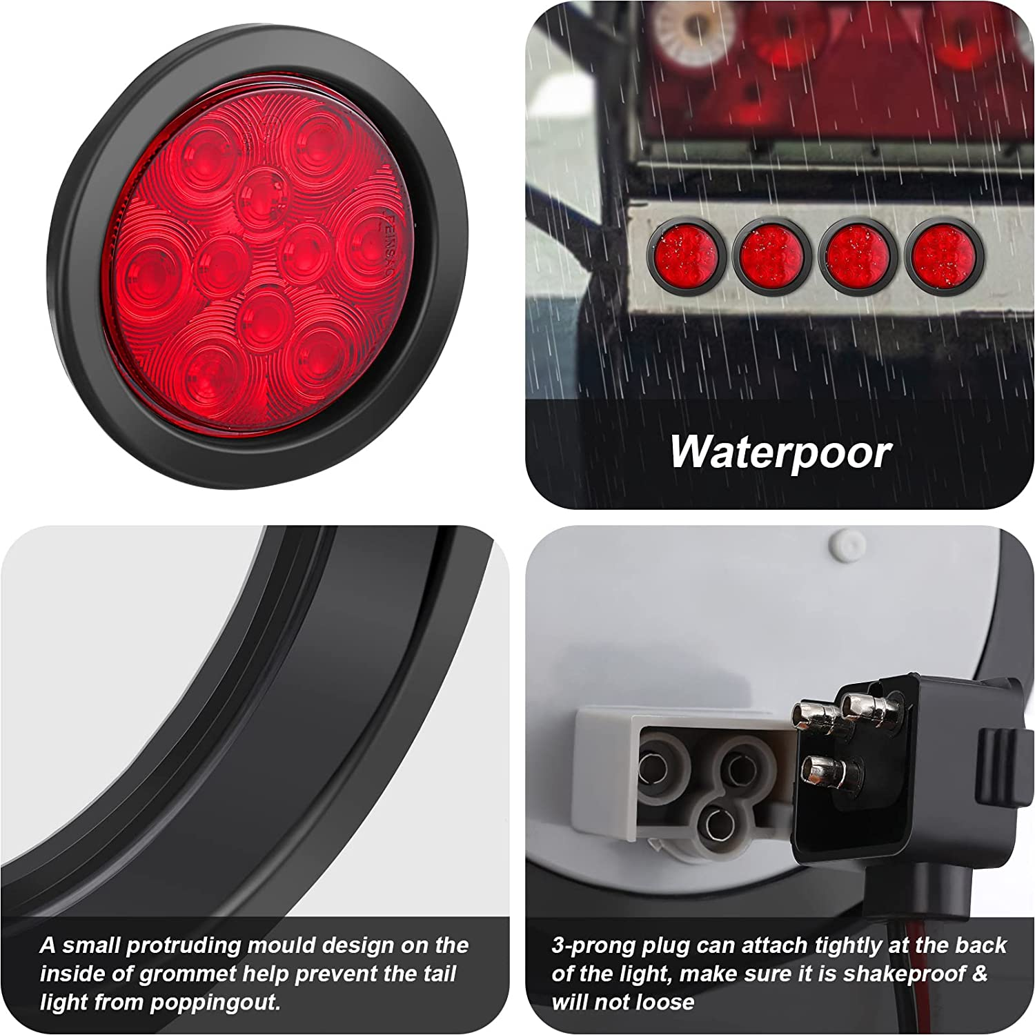 4 Inch Round 10 LED Trailer Tail Lights Waterproof 12V Brake Stop Turn Reverse Lights Sealed Flush Mount for Truck RV Boat