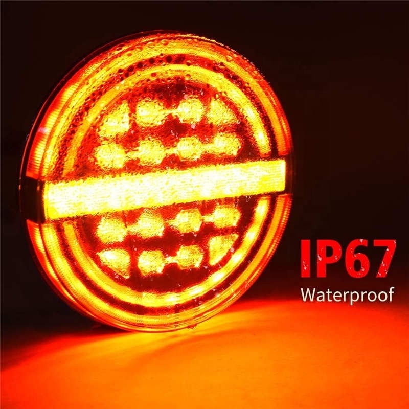 5.3 inches Round Red/Amber LED IP67 Waterproof 10-30V Submersible Trailer Tail Lights with Brake Light/DRL/Flow Turn Signal Lamp