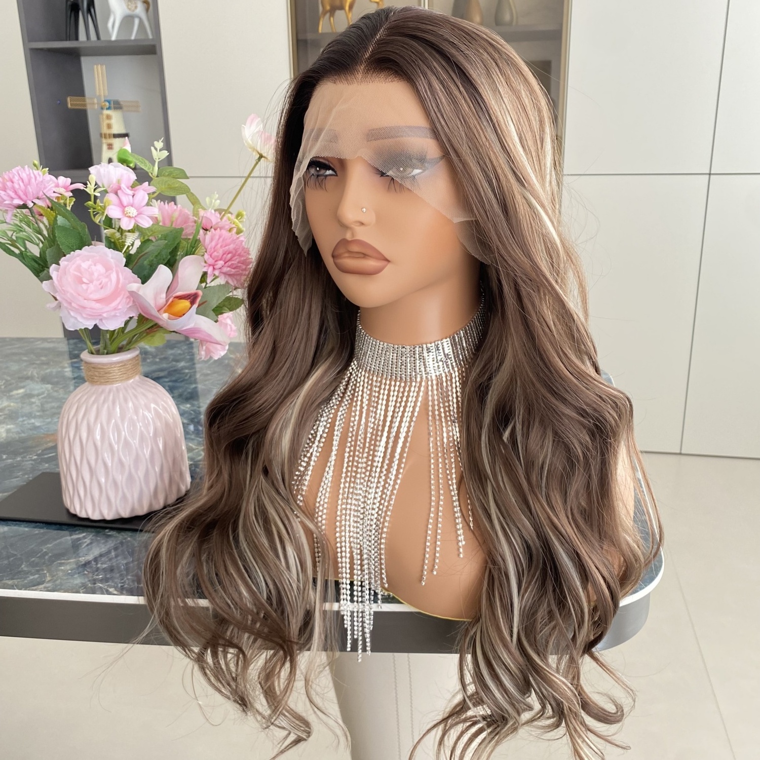 Factory Direct China Eco-Friendly Synthetic Fiber Hair 13X4 22Inch Chocolate Brown Lace Front Wig