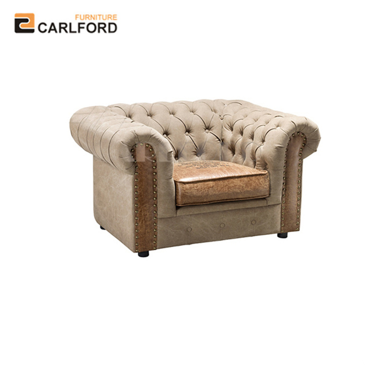 Anji Carlford OEM Brown Chesterfield Chair, Velvet/PU Leather Hotel Round Lobby Tub Chair for Living Room