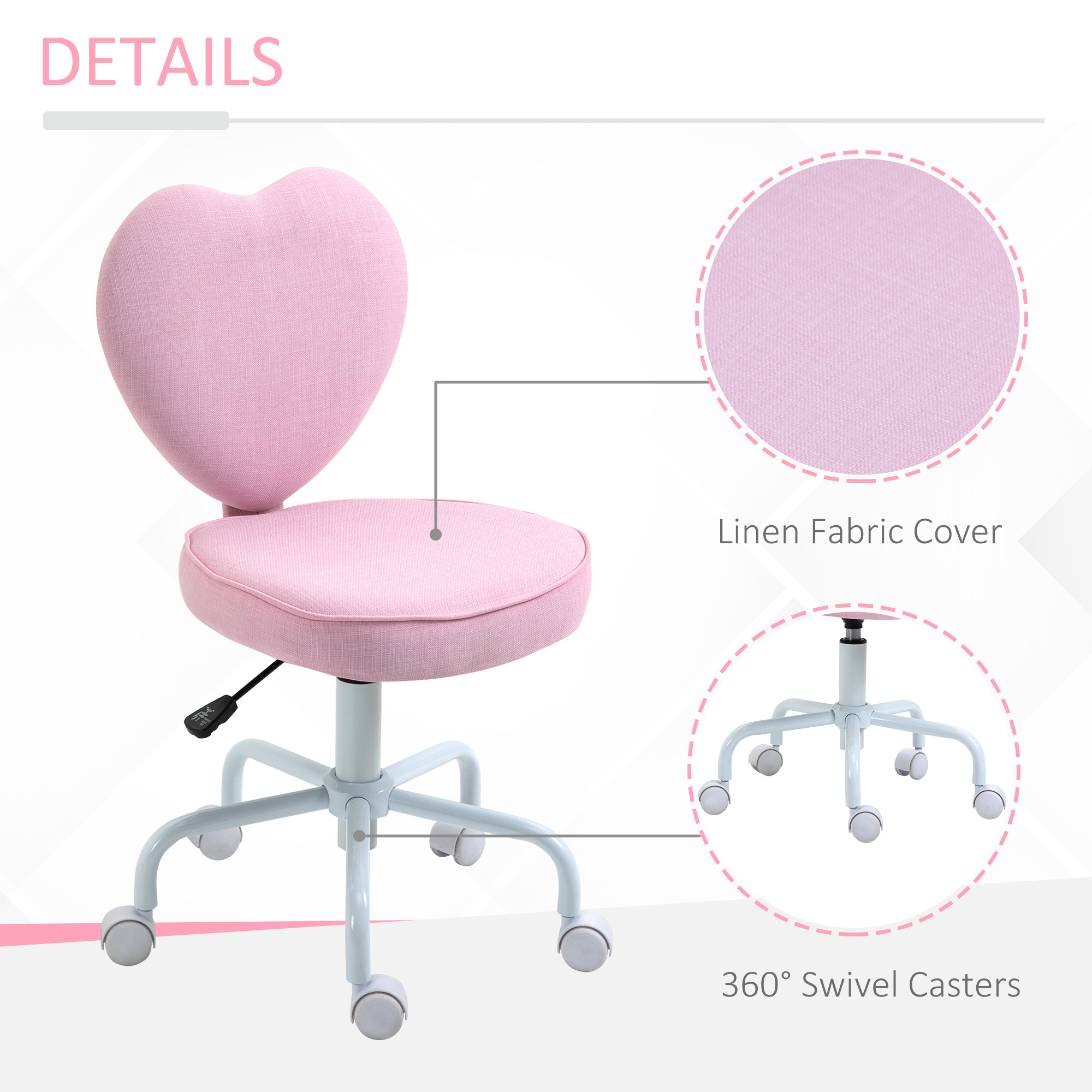 Carlford Cute Chair with Wheels,Kids Chair Living Room office Bedroom Pink Heart Shape Back Swivel Vanity Chair