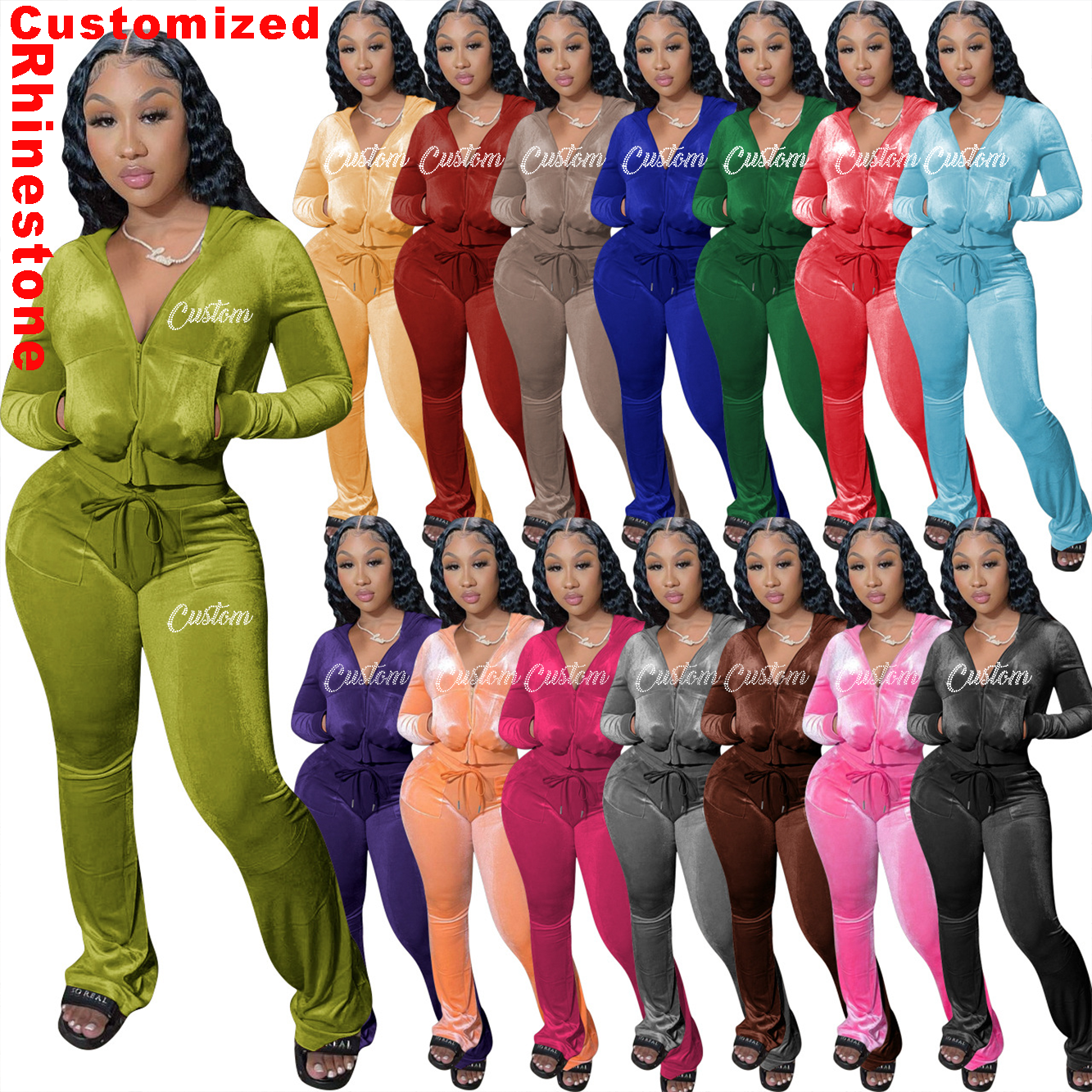 W3 custom velvet womens two piece lady tracksuits for women sweatsuit set velour tracksuit