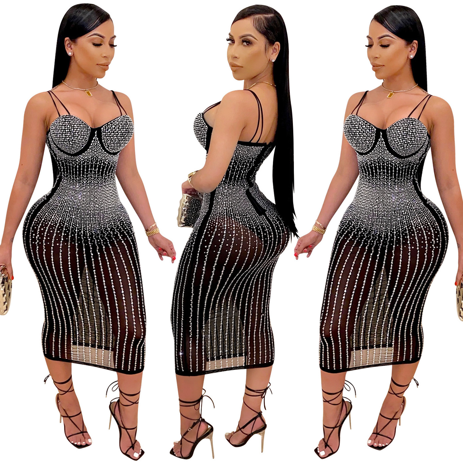 club maxi bodycon long ladies cocktail stylish sexy mesh night for woman summer casual dresses lady party 2021 diamond dress