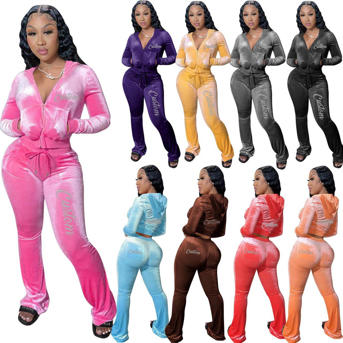 W3 custom velvet womens two piece lady tracksuits for women sweatsuit set velour tracksuit