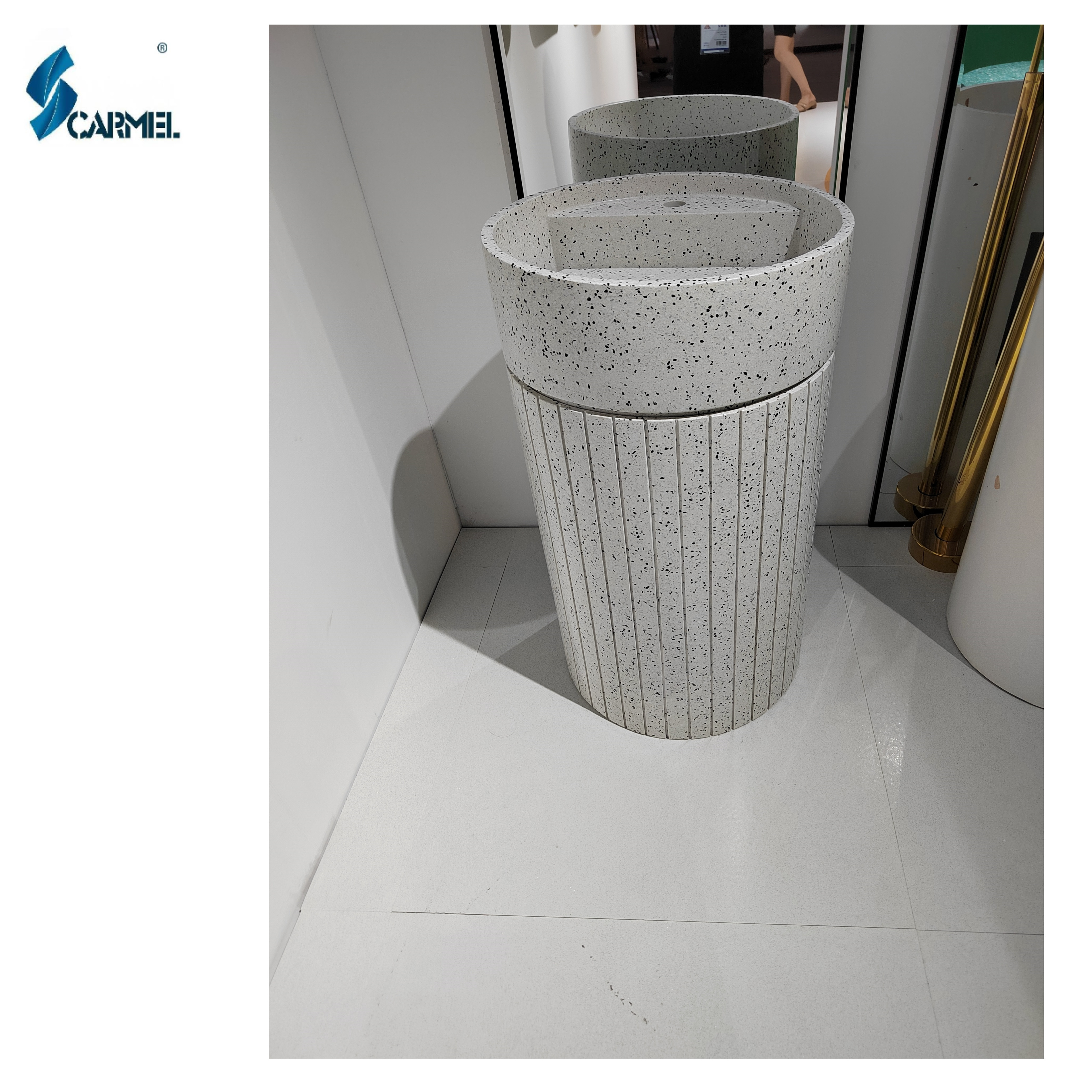 CARMEL STONE Modern High Quality Artificial Stone Round One Piece Bathroom Free Standing Pedestal Sink Hand Wash Basin For Hotel