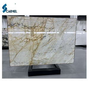 Factory Direct Bookmatched Gold Carara Calacatta Oro Slab Bookmatched Marble Tiles Gold Vain Vein White Estremoz Italy Marble