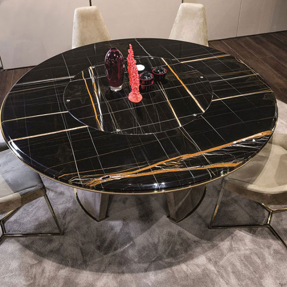 Italian Luxury Dining Room Sets Table And Chair Black Round Marble Modern Dining Room Set