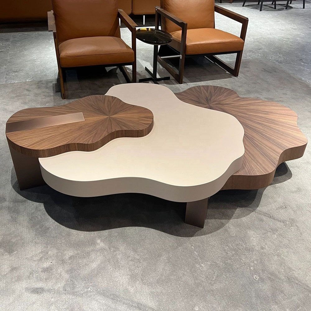 Modern european walinut wood coffee table simple nenuphar cloud center coffee table and 2 sides table set