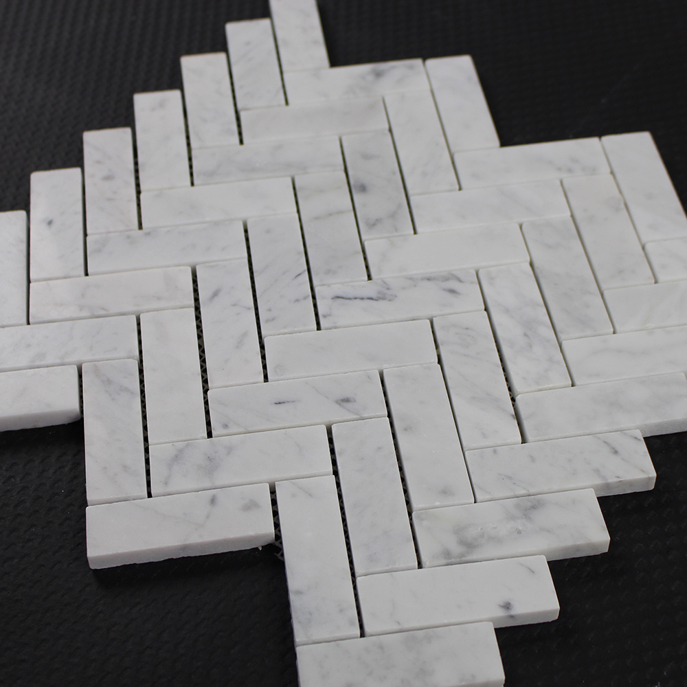 White Carrara White  25x75 Herringbone  Marble Mosaic Tile Backsplash