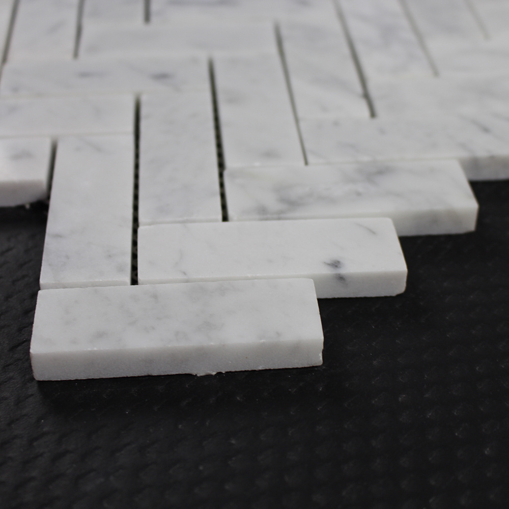 White Carrara White  25x75 Herringbone  Marble Mosaic Tile Backsplash