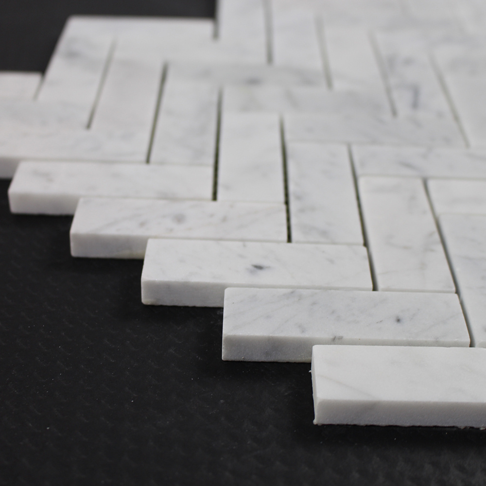 White Carrara White  25x75 Herringbone  Marble Mosaic Tile Backsplash