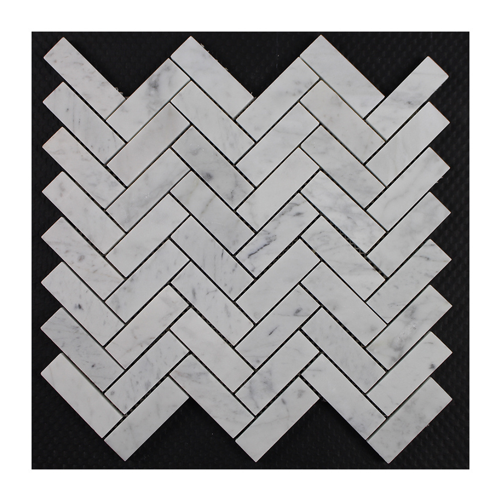 White Carrara White  25x75 Herringbone  Marble Mosaic Tile Backsplash