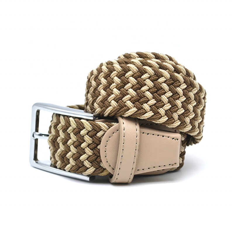 Factory direct custom 35mm silver pin buckle braided stretch elastic belt for women with leather loop end tip