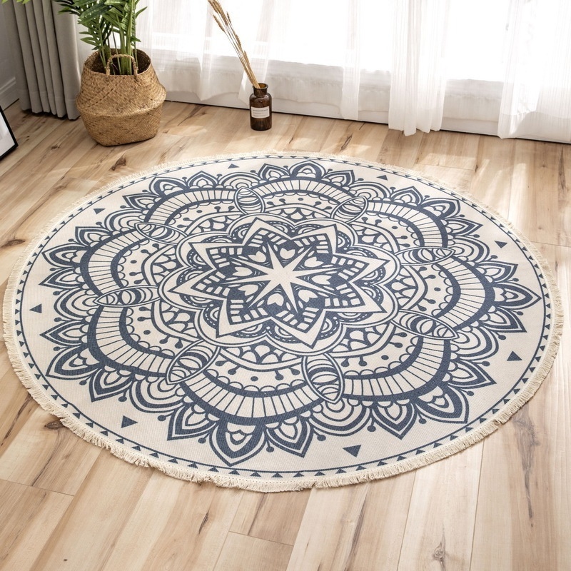 Hot Sale Boho Bohemian Multiple Design Cotton Woven Area Carpet Round Printed Rug With Tassel Hotels Decoration Carpets