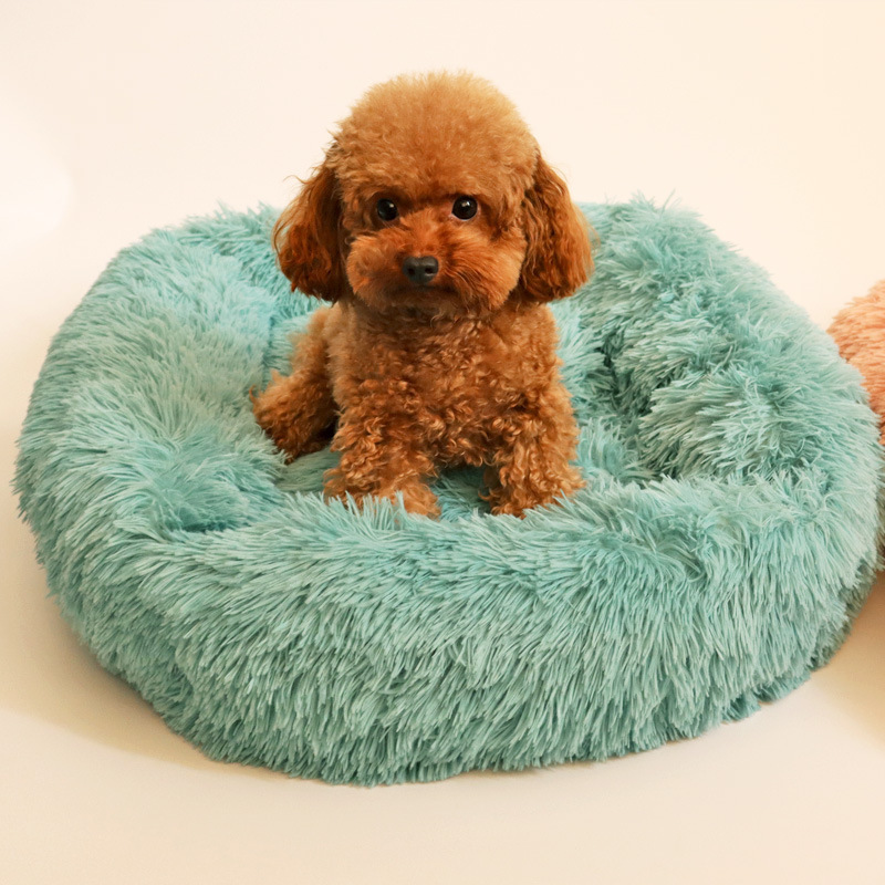 Warm Pet Bed Cat And Dog Winter  Indoor Cushion Bed With Non-Slip Bottom Machine Washable Long Plush Soft Round Sofa