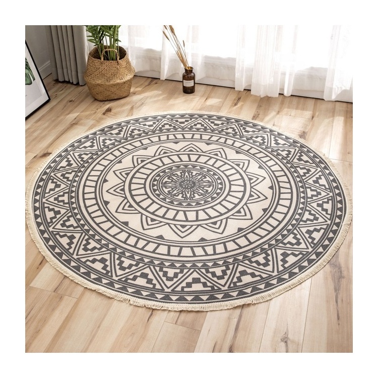 Hot Sale Boho Bohemian Multiple Design Cotton Woven Area Carpet Round Printed Rug With Tassel Hotels Decoration Carpets