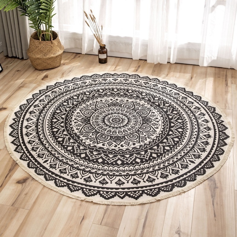 Hot Sale Boho Bohemian Multiple Design Cotton Woven Area Carpet Round Printed Rug With Tassel Hotels Decoration Carpets