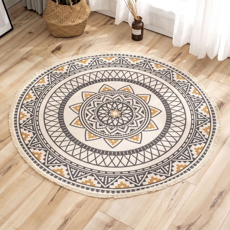 Hot Sale Boho Bohemian Multiple Design Cotton Woven Area Carpet Round Printed Rug With Tassel Hotels Decoration Carpets