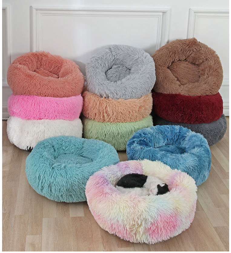 Warm Pet Bed Cat And Dog Winter  Indoor Cushion Bed With Non-Slip Bottom Machine Washable Long Plush Soft Round Sofa