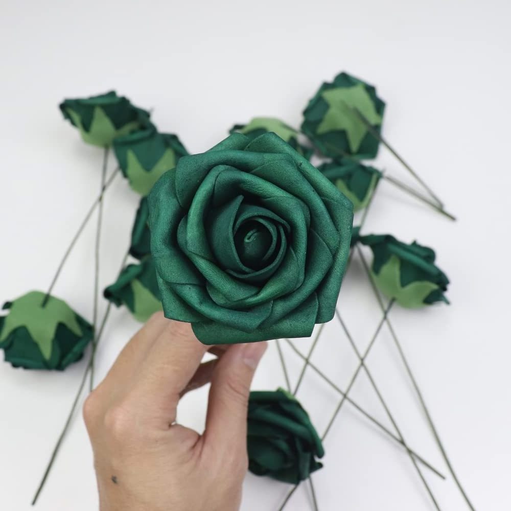 Bulk Dark emerald Green Roses Artificial Flowers with Stem for DIY Wedding Bouquets Centerpieces Arrangements Kissing Ball