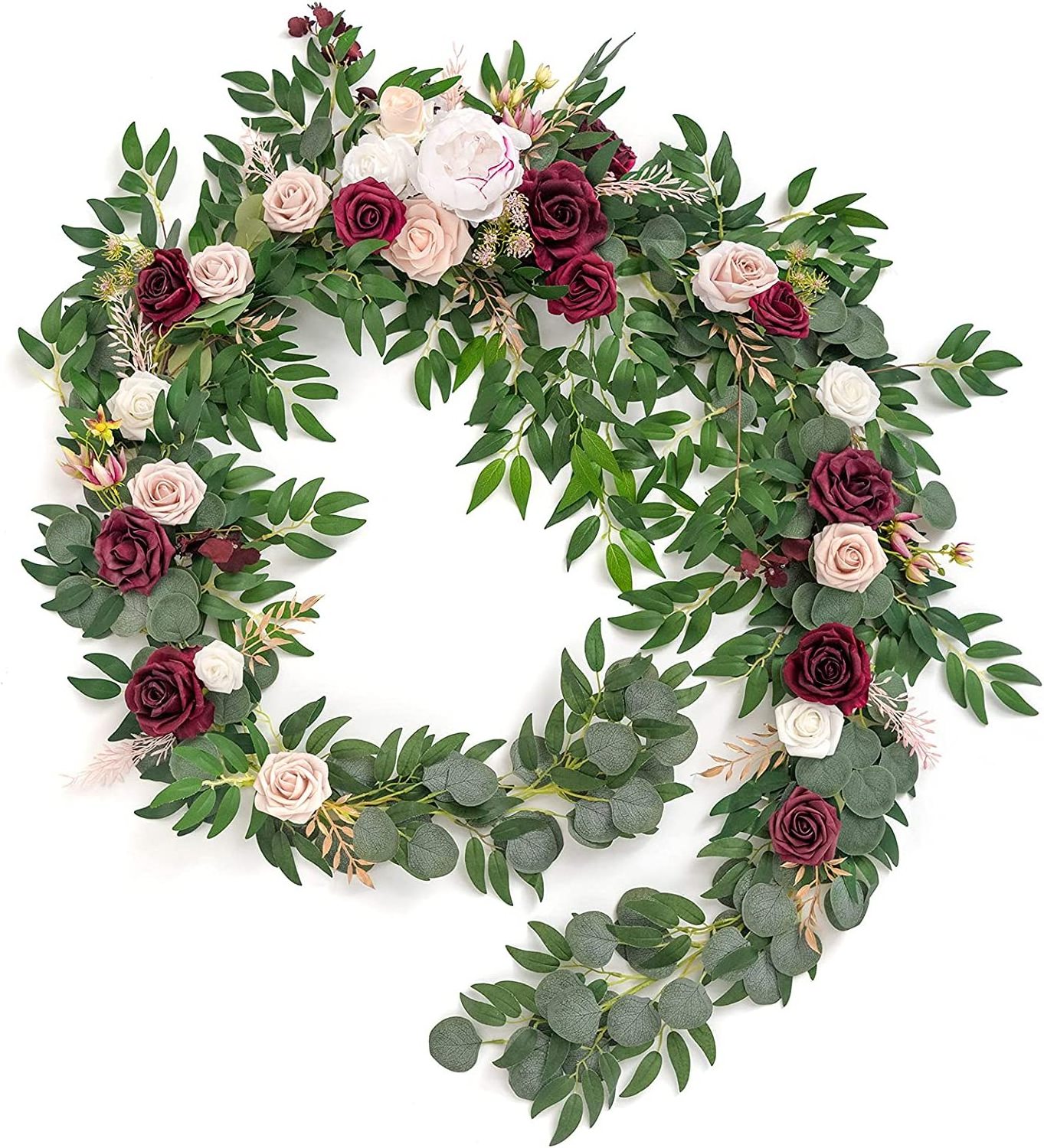 whole sale 9ft flower wall decorations dried eucalyptus silk eucalyptus garland leaves with red flowers for wedding decoration