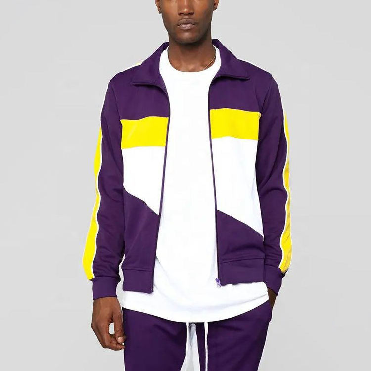 Zipper tracksuit cotton fleece customized high quality fashion track suit tracksuit color block purple tracksuit for men