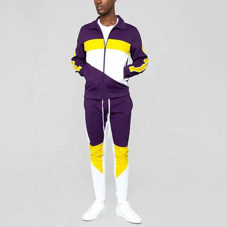 Zipper tracksuit cotton fleece customized high quality fashion track suit tracksuit color block purple tracksuit for men