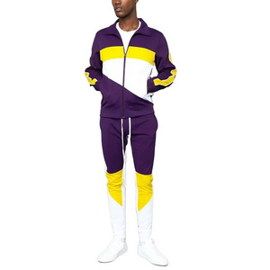 Zipper tracksuit cotton fleece customized high quality fashion track suit tracksuit color block purple tracksuit for men