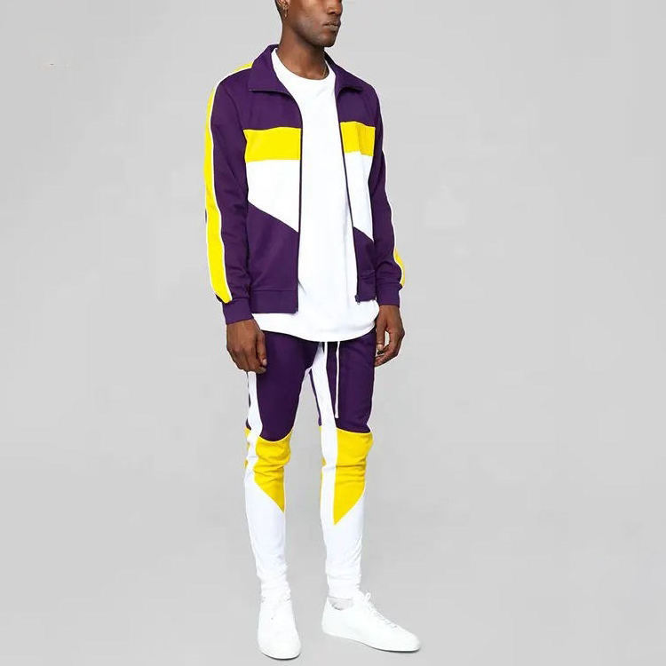 Zipper tracksuit cotton fleece customized high quality fashion track suit tracksuit color block purple tracksuit for men