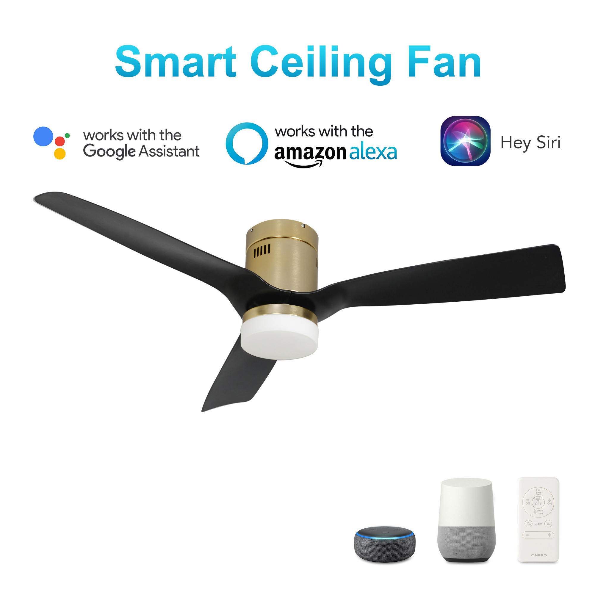 56 Inch White Finish 3 White marble Blades Low voltage ecosystem Net zero energy applications ceiling fan with led light