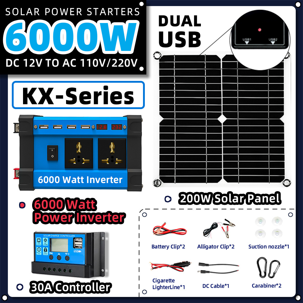 6000W Solar System 6000W Inverter with 200W Panel 30A Controller Flex Kit Fits Car 12V Cigarette Lighter and Battery Clips