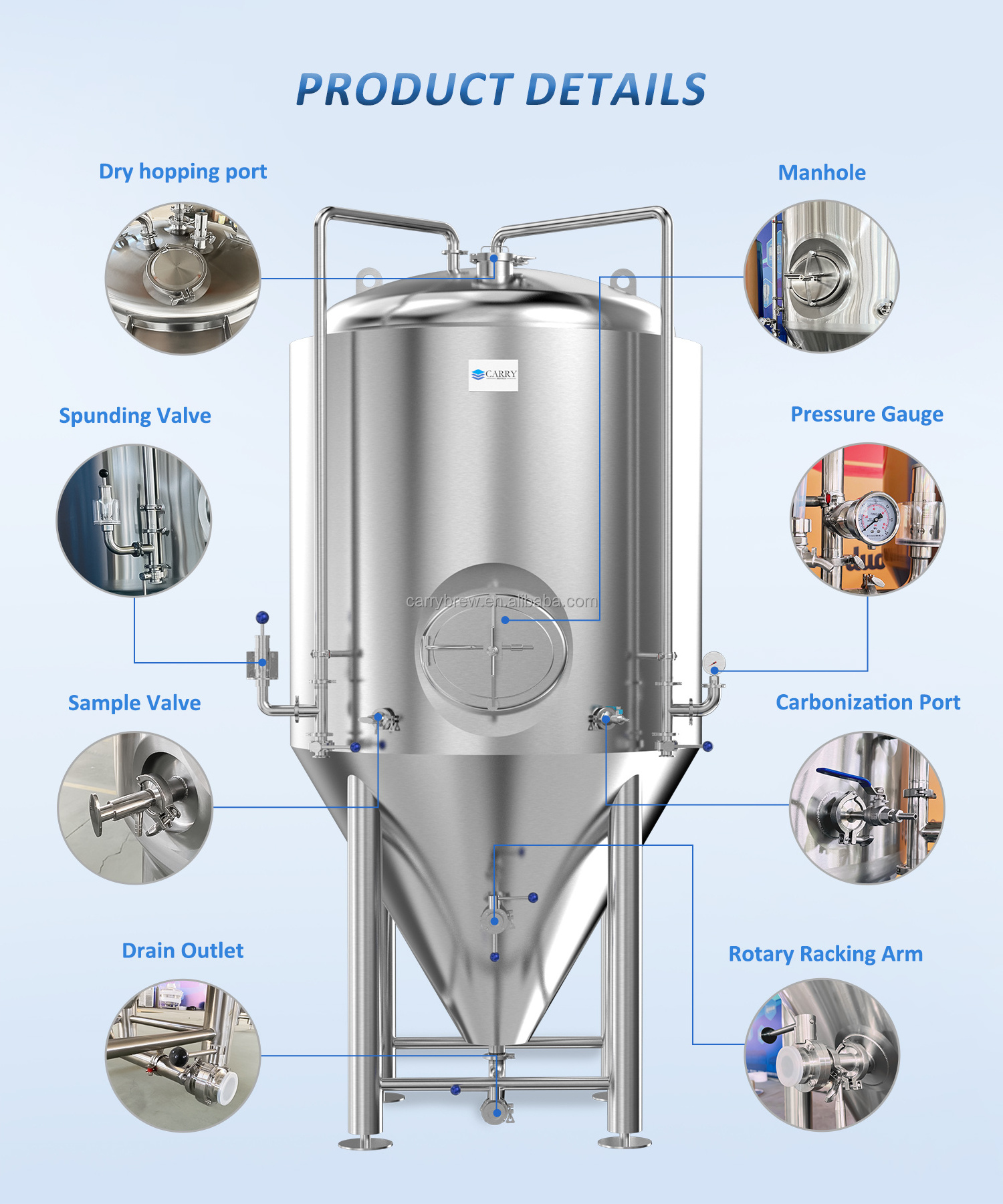 100l 200l 250l 300l 400l 500l Stainless Steel Jacketed Conical Beer Fermenter Tank In Stock