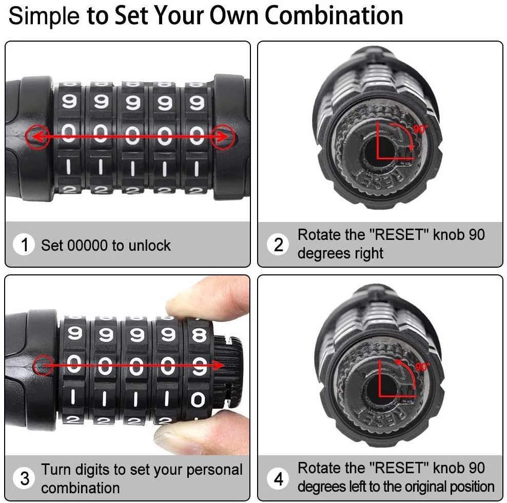 Anti-Theft Bike Cable Lock,5-Digit Resettable Combination Heavy Duty Chain Security Coiling Cable Lock, Universal for Bicycles