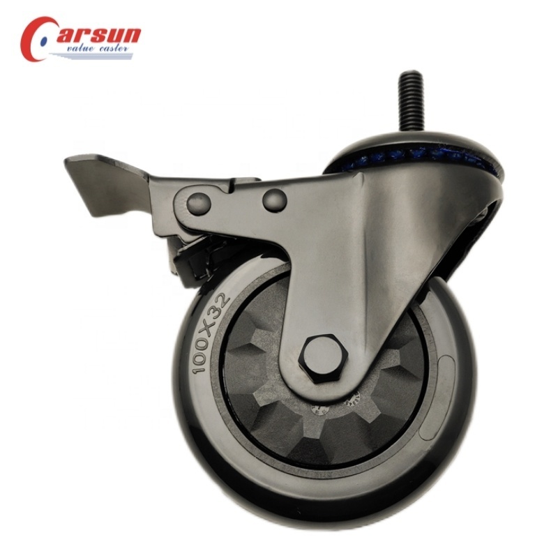 4 inch thread stem casters swivel with metal brake caster black PU industrial caster wheel