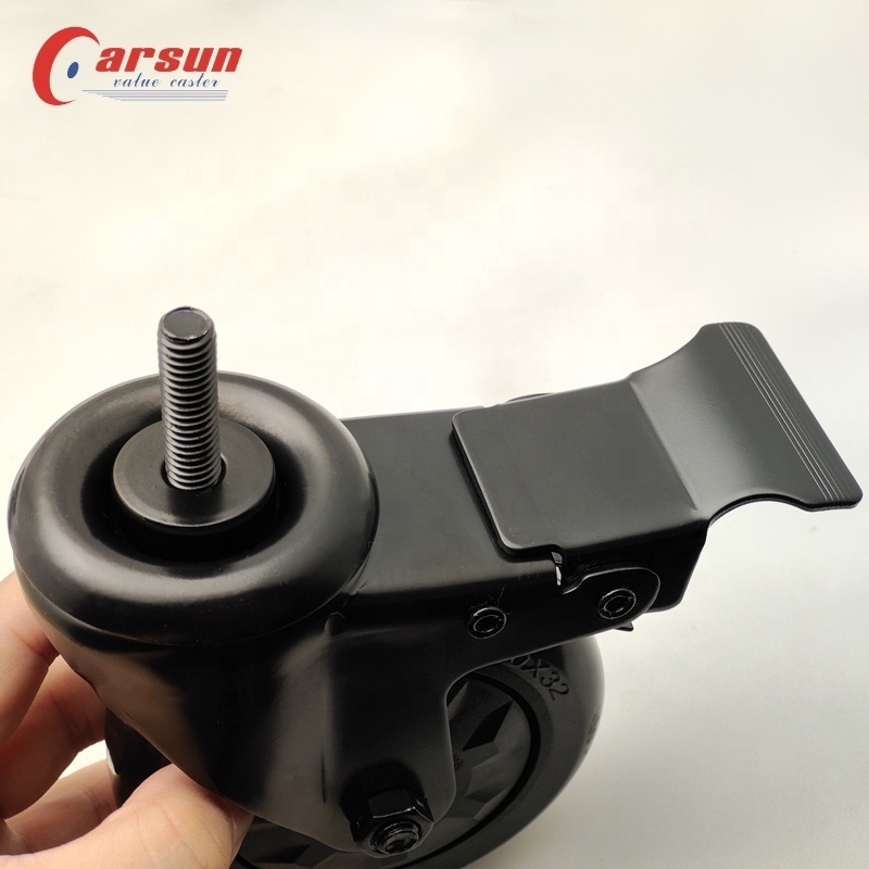 4 inch thread stem casters swivel with metal brake caster black PU industrial caster wheel